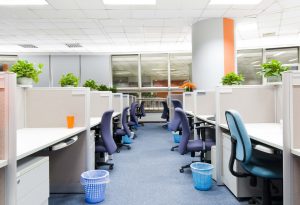 Clean and organized modern corporate office cubicles for commercial cleaning services
